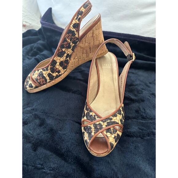 STUART WEITZMAN LEOPARD RAFFIA WEDGE SANDALS - Picture 3 of 8